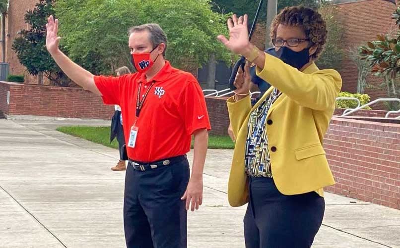 Orange County Supt. Barbara Jenkins greets students on first day of school 
